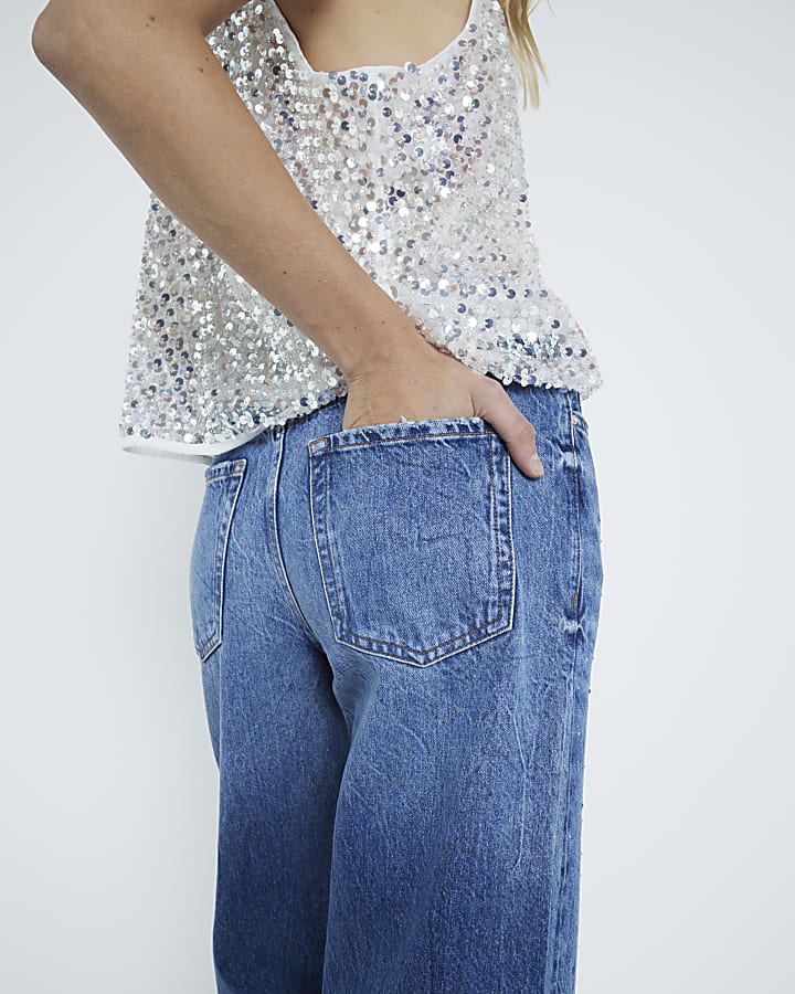 Blue High Rise Embellished Straight Leg Jeans