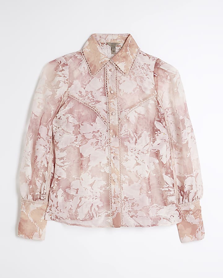 Pink floral burnout western shirt