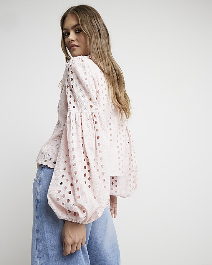 Pink Broderie Puff Sleeve Shirt