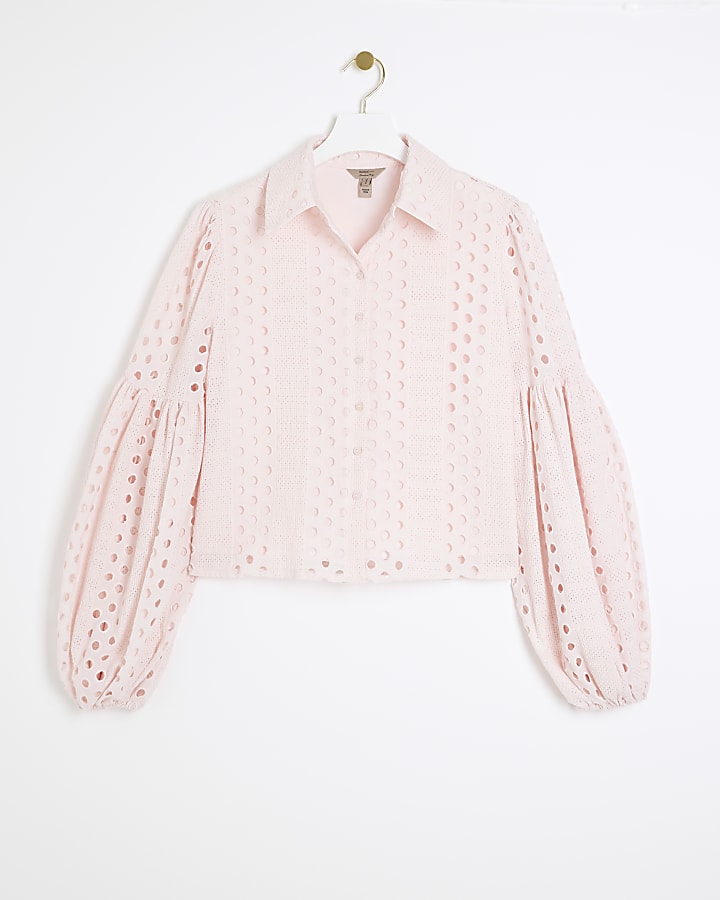 Pink Broderie Puff Sleeve Shirt