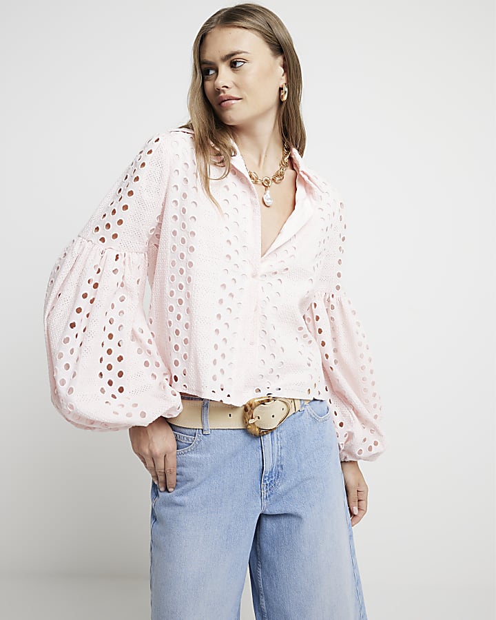 Pink Broderie Puff Sleeve Shirt