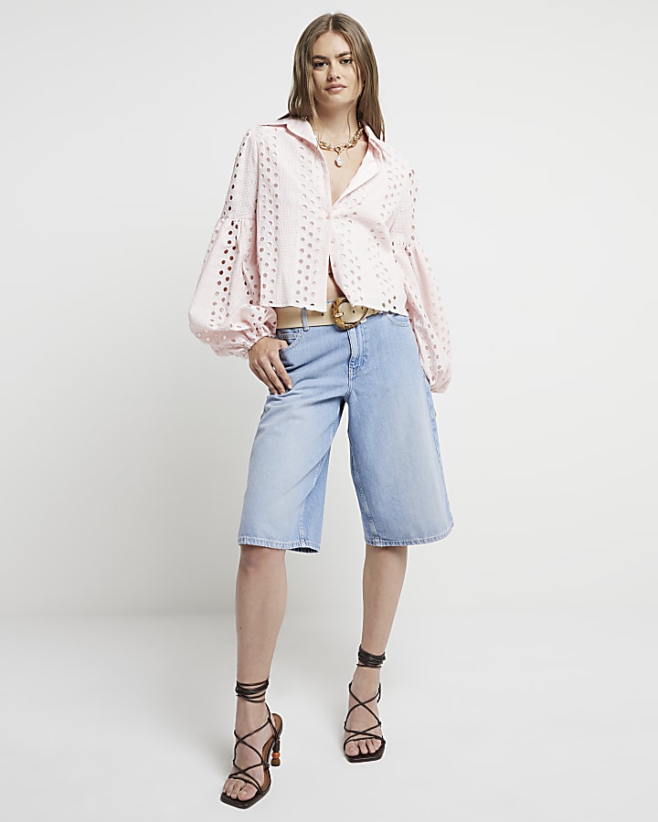 Pink Broderie Puff Sleeve Shirt