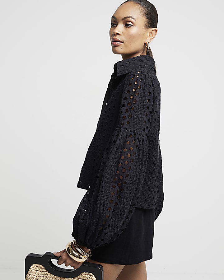 Black Broderie Puff Sleeve Shirt