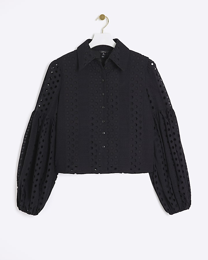 Black Broderie Puff Sleeve Shirt