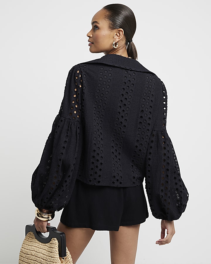 Black Broderie Puff Sleeve Shirt