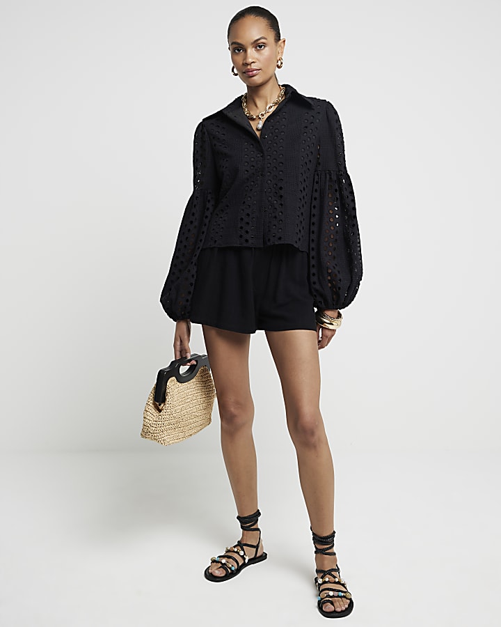 Black Broderie Puff Sleeve Shirt