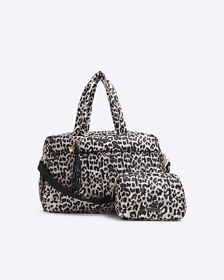 Beige quilted leopard travel and makeup bag River Island