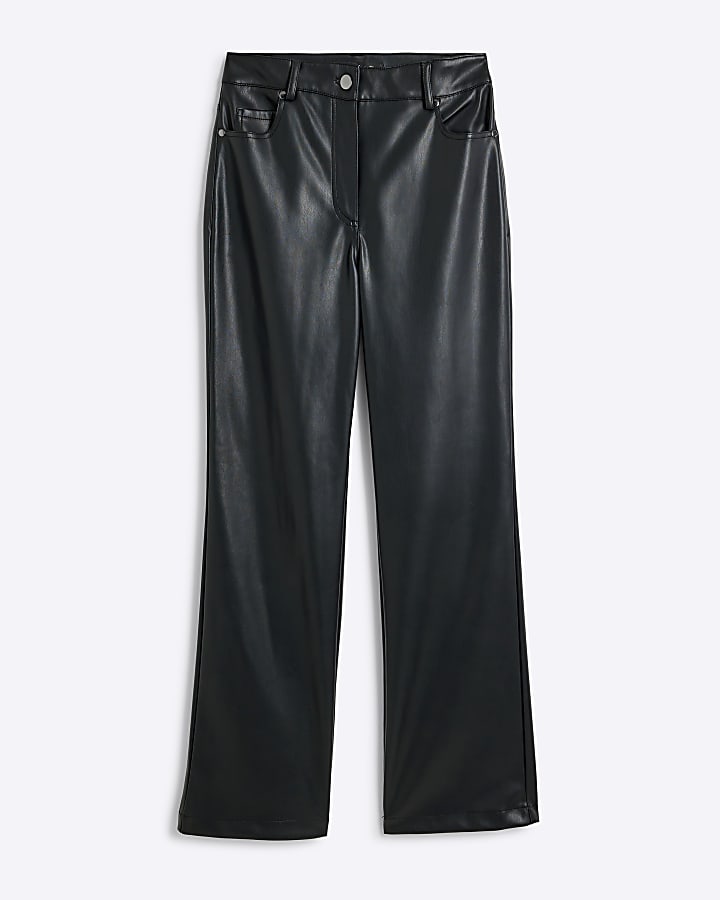 Black faux leather straight leg trousers