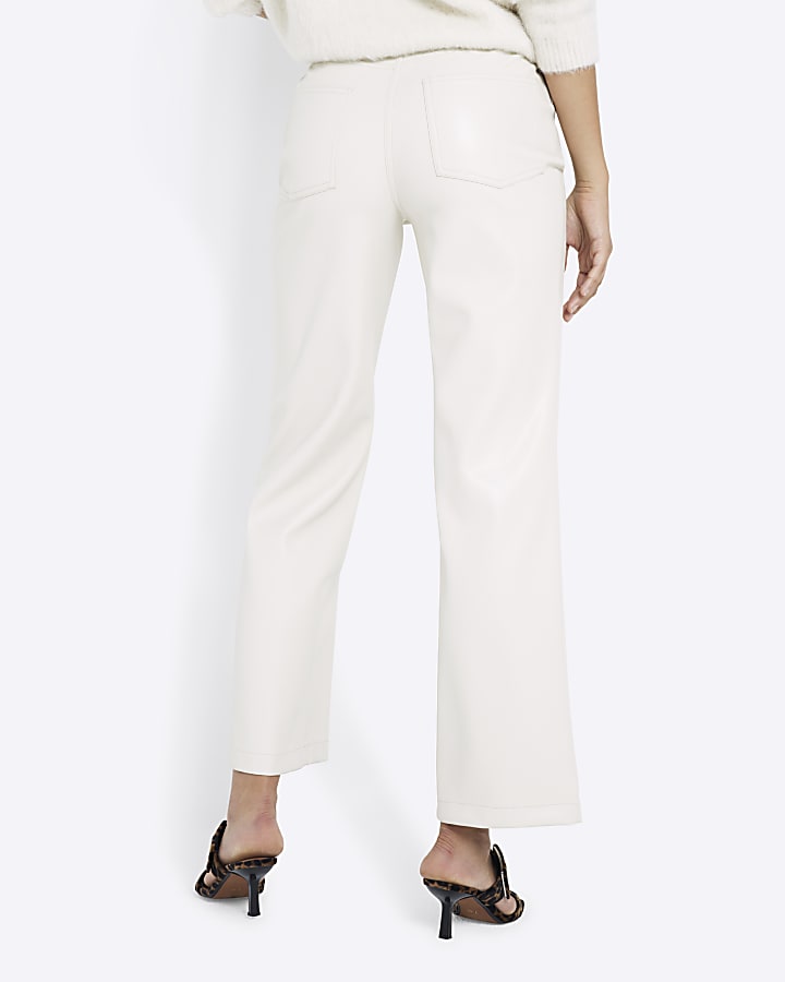 Cream Faux Leather Straight Leg Trousers