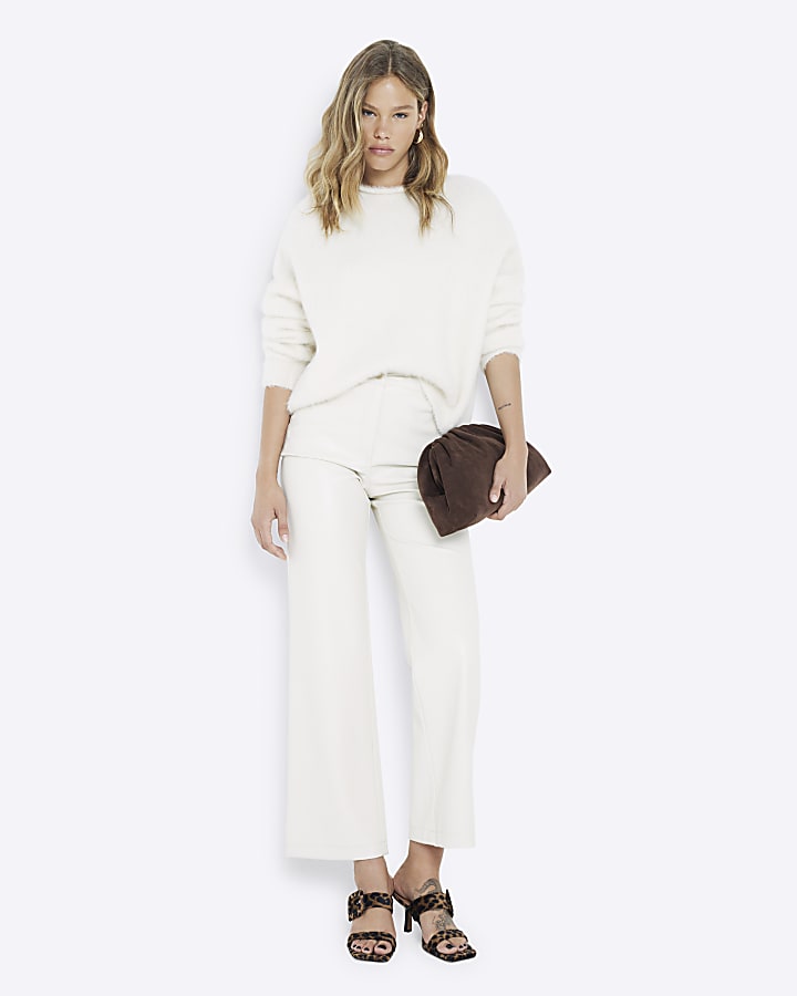 Cream Faux Leather Straight Leg Trousers