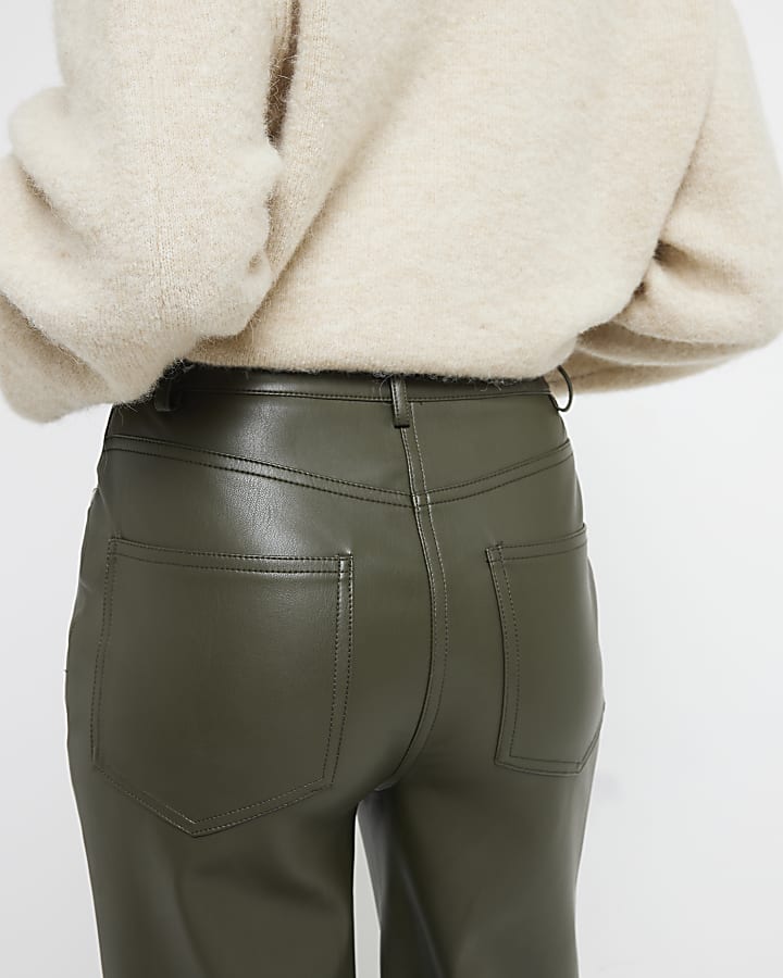 Khaki faux leather straight trousers