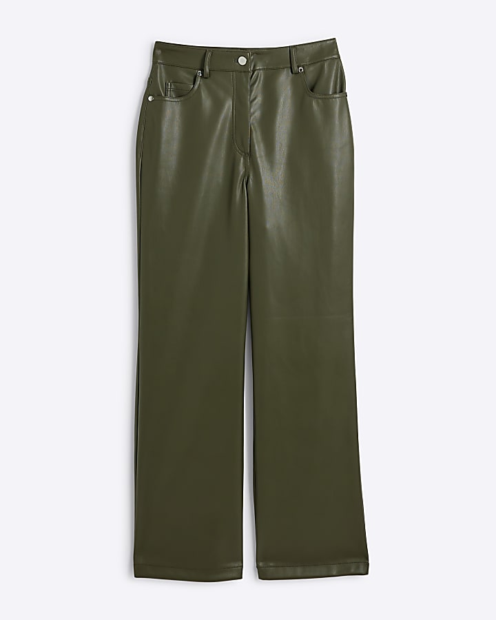 Khaki faux leather straight trousers