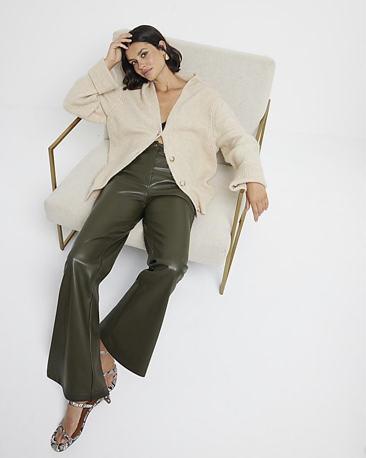 Khaki faux leather straight trousers