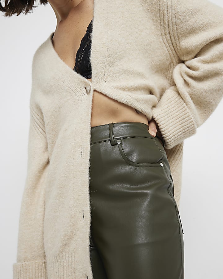 Khaki faux leather straight trousers