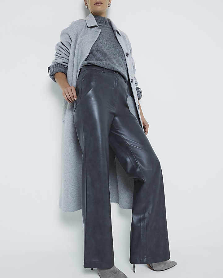 Grey faux leather straight leg trousers