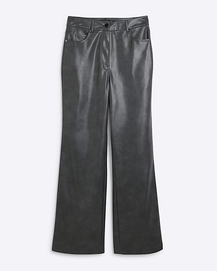 Grey faux leather straight leg trousers