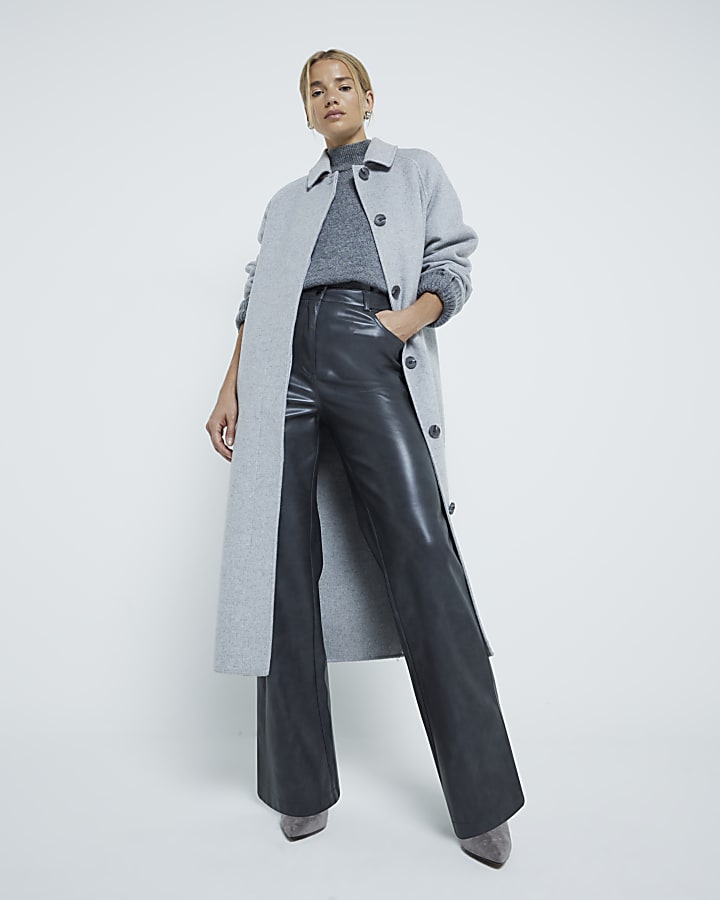 Grey faux leather straight leg trousers