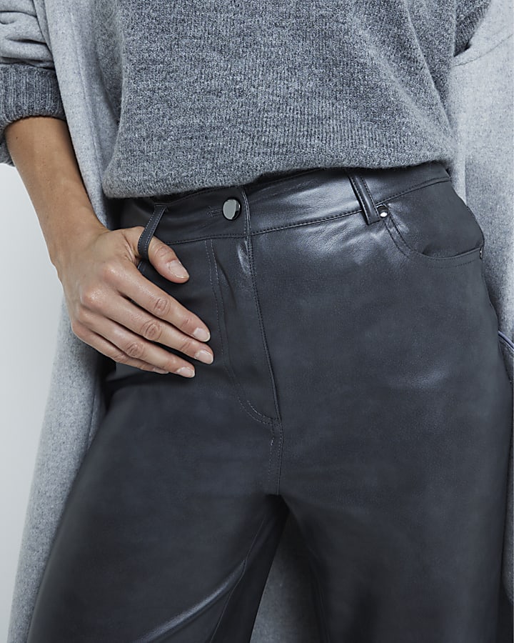 Grey faux leather straight leg trousers