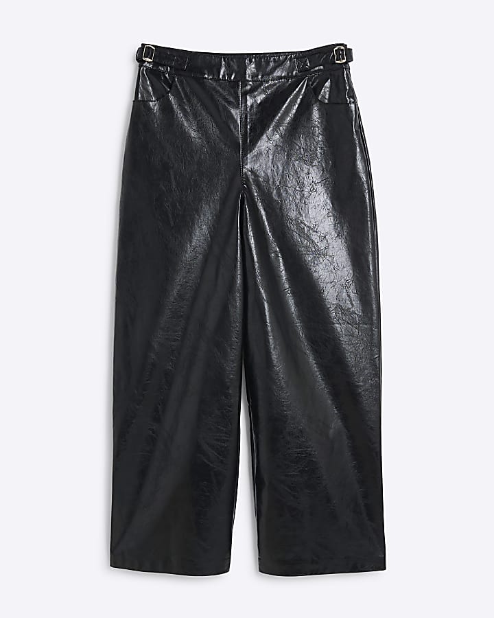 Black Faux Leather Cropped Buckle Trousers