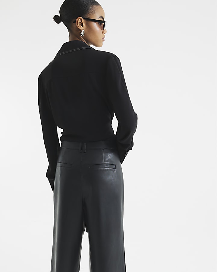 Black faux leather pocket straight trousers