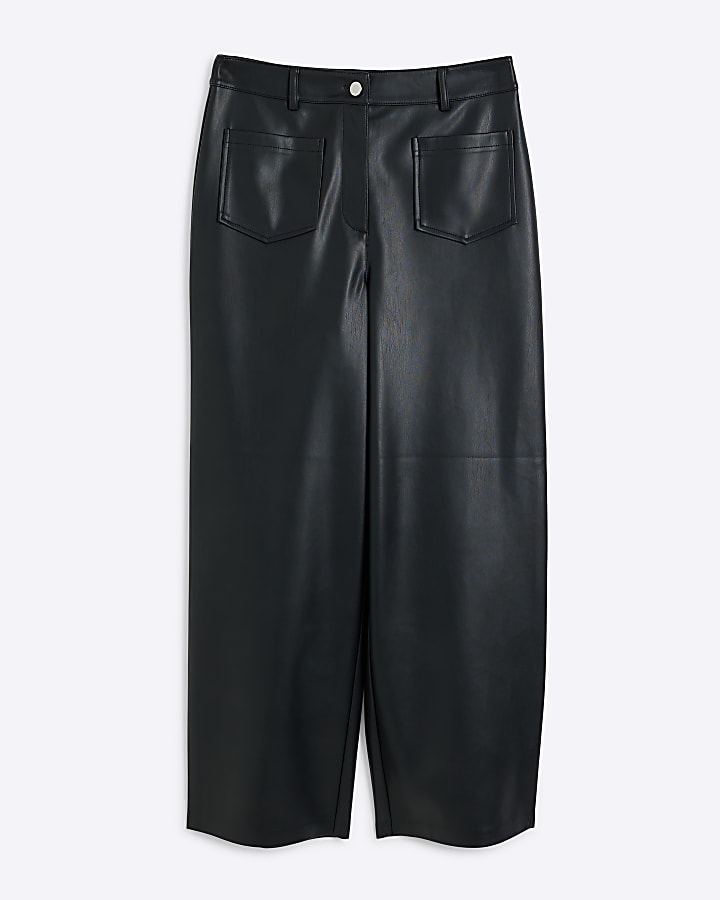 Black faux leather pocket straight trousers