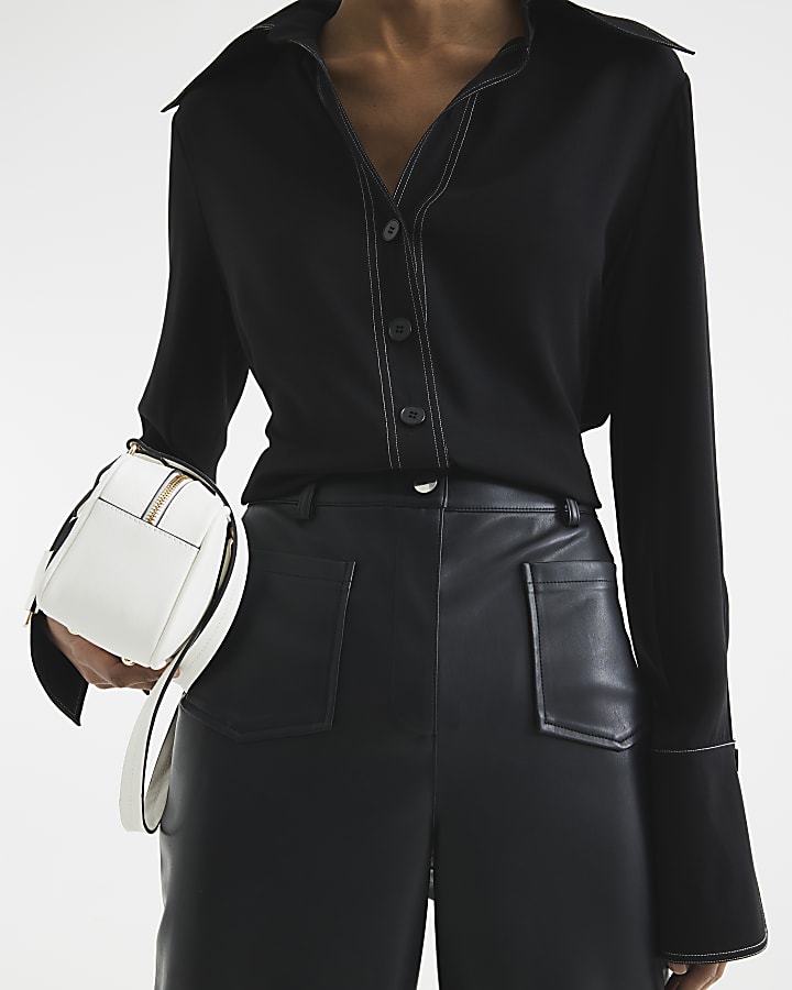 Black faux leather pocket straight trousers