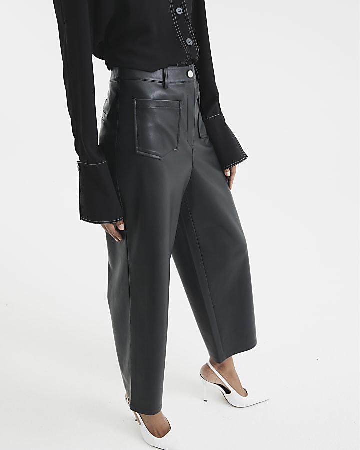 Black faux leather pocket straight trousers