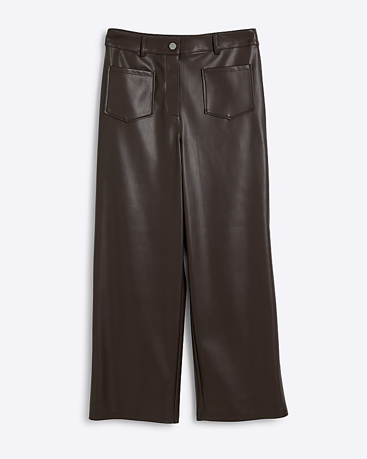 Brown faux leather pocket straight trousers