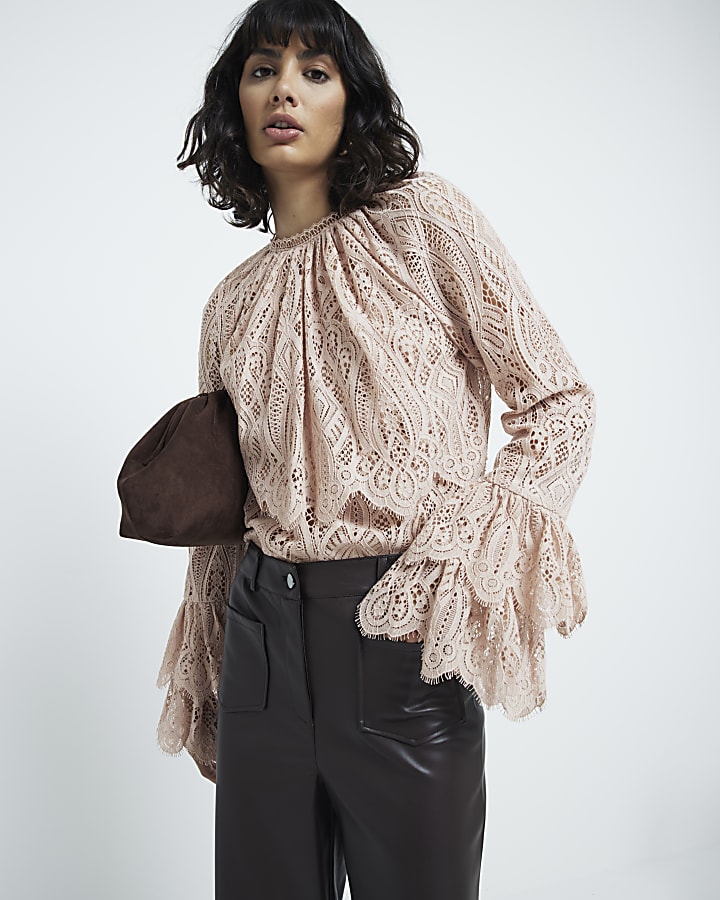 Brown faux leather pocket straight trousers