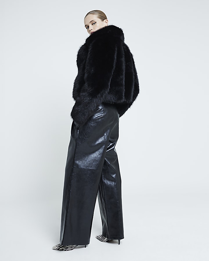 Black Faux Leather Super Wide Leg Trousers