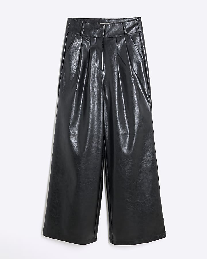 Black Faux Leather Super Wide Leg Trousers