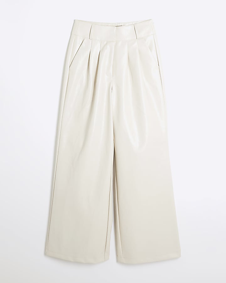 Cream Faux Leather Super Wide Leg Trousers