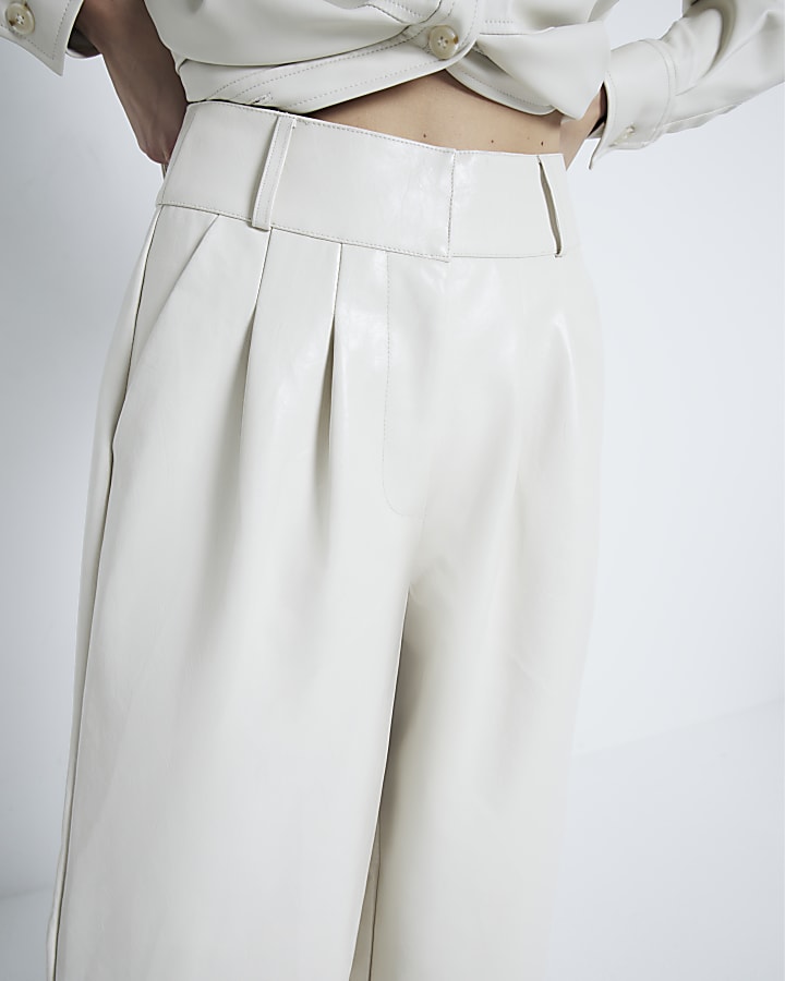 Cream Faux Leather Super Wide Leg Trousers