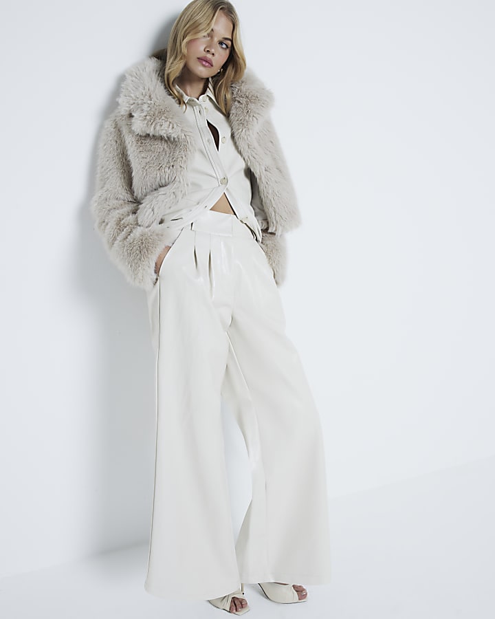 Cream Faux Leather Super Wide Leg Trousers