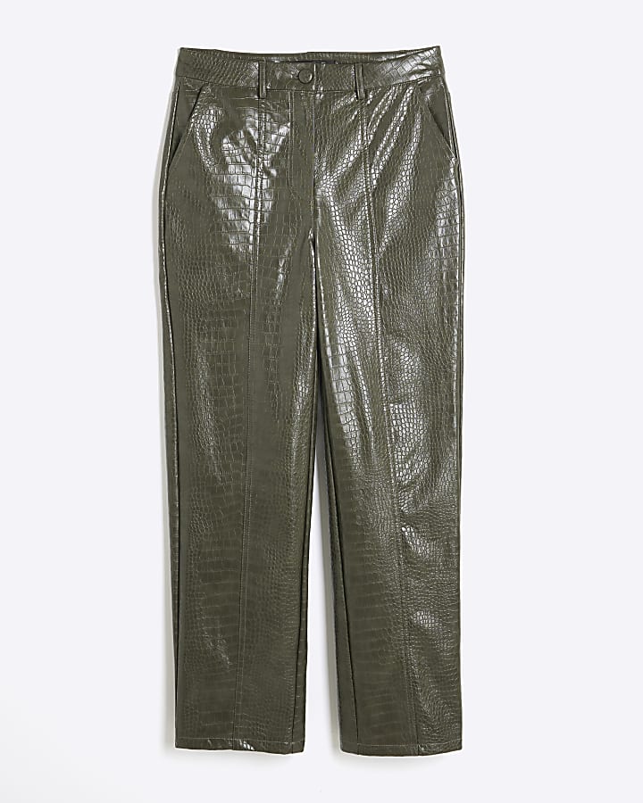 Straight Faux Leather Green Croc Trousers