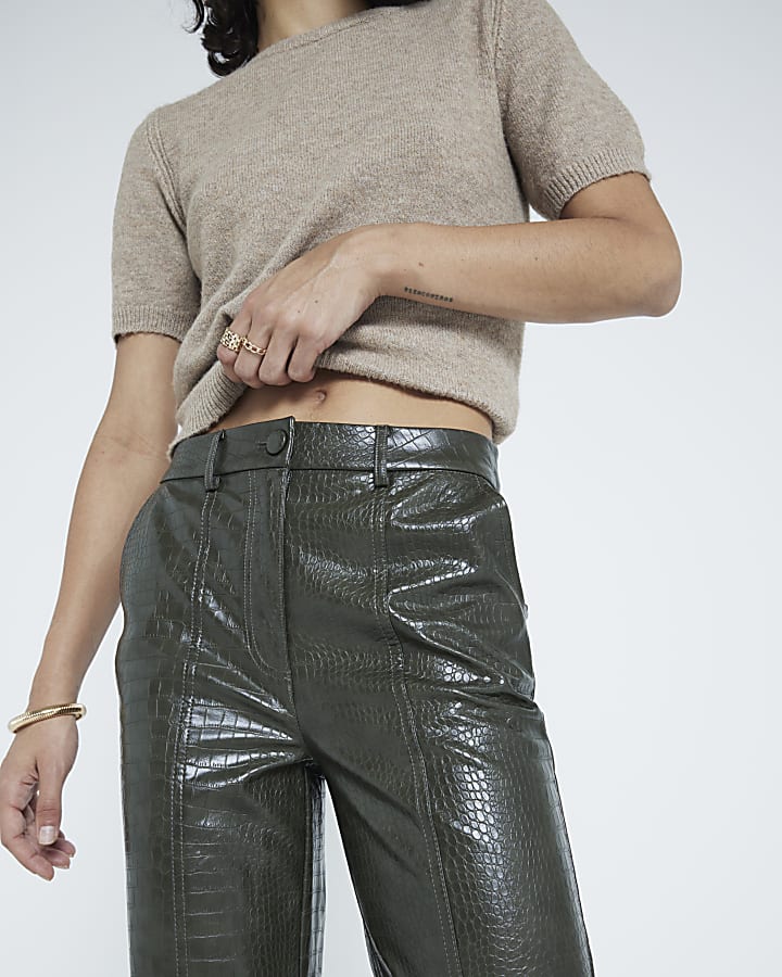 Straight Faux Leather Green Croc Trousers