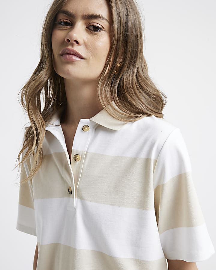 Beige Stripe Collared T-shirt