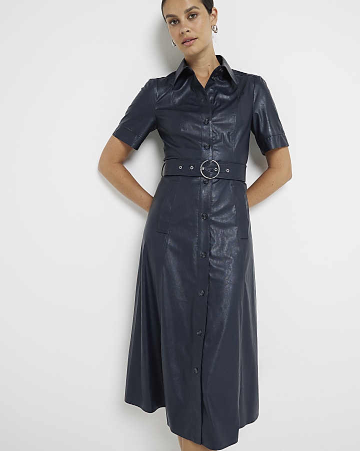 Navy faux leather belted midi shirt dress