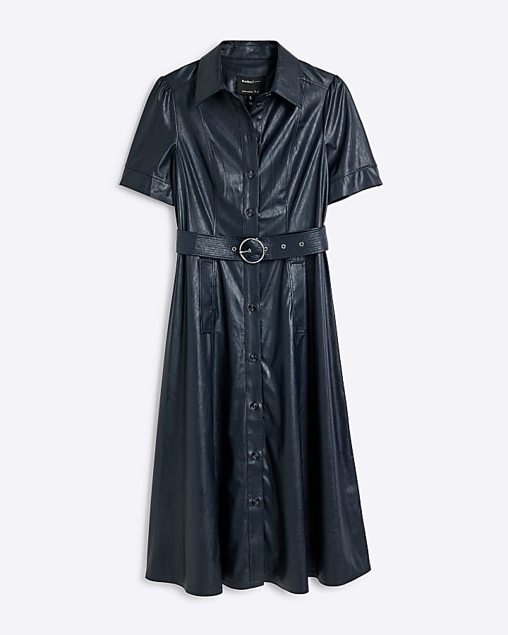 Navy faux leather belted midi shirt dress