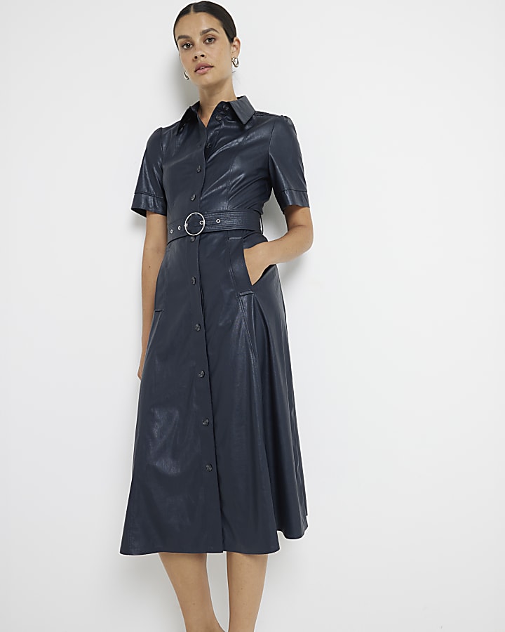 Navy faux leather belted midi shirt dress