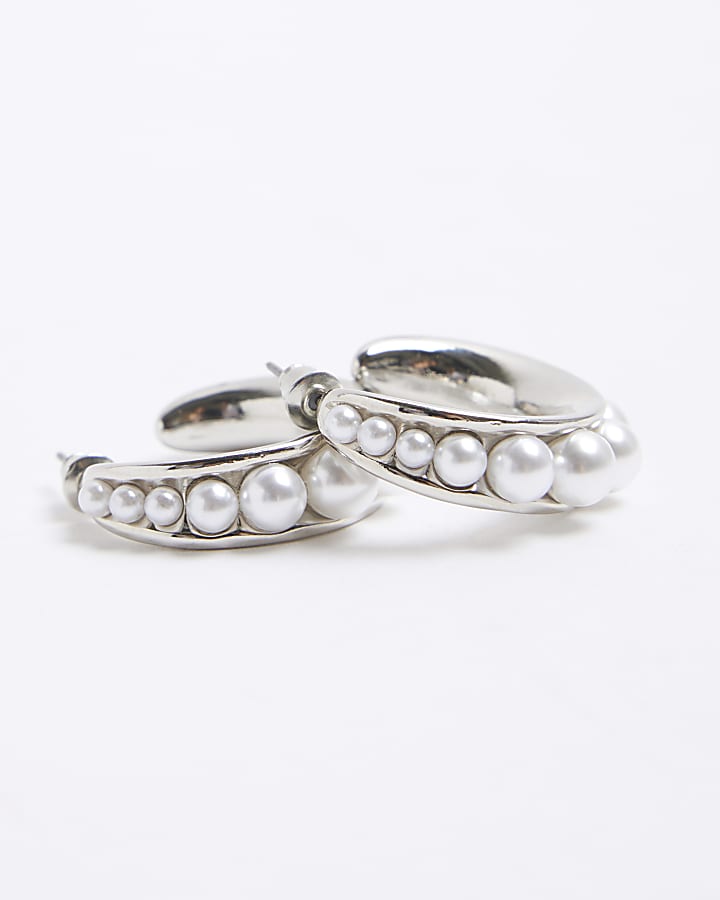 Silver pearl hoop earrings