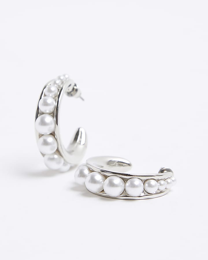 Silver pearl hoop earrings