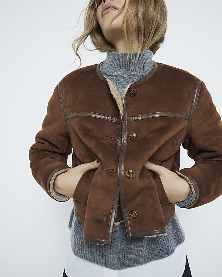 Brown Faux Shearling Trophy Jacket