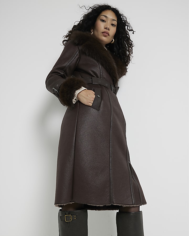 Brown Longline Buckled Biker Coat River Island