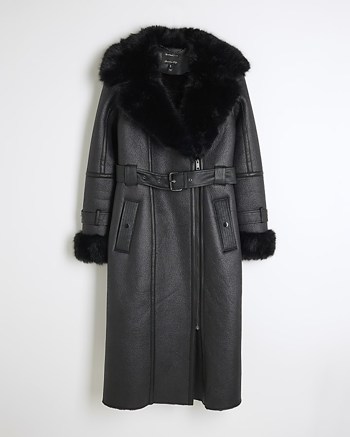 Black Longline Faux Fur Belted Biker Jacket