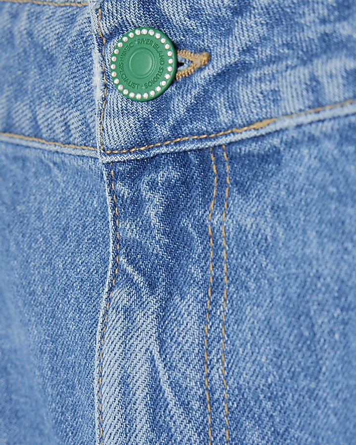 Blue front pocket denim midi skirt