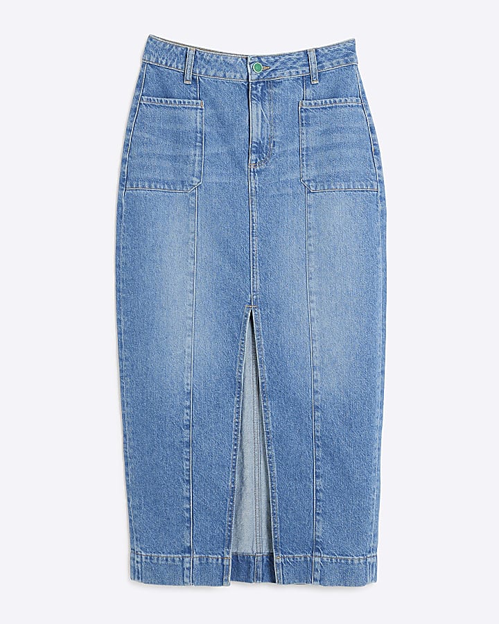 Blue front pocket denim midi skirt