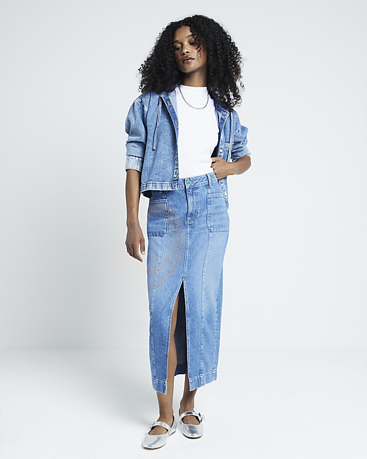 Blue front pocket denim midi skirt River Island