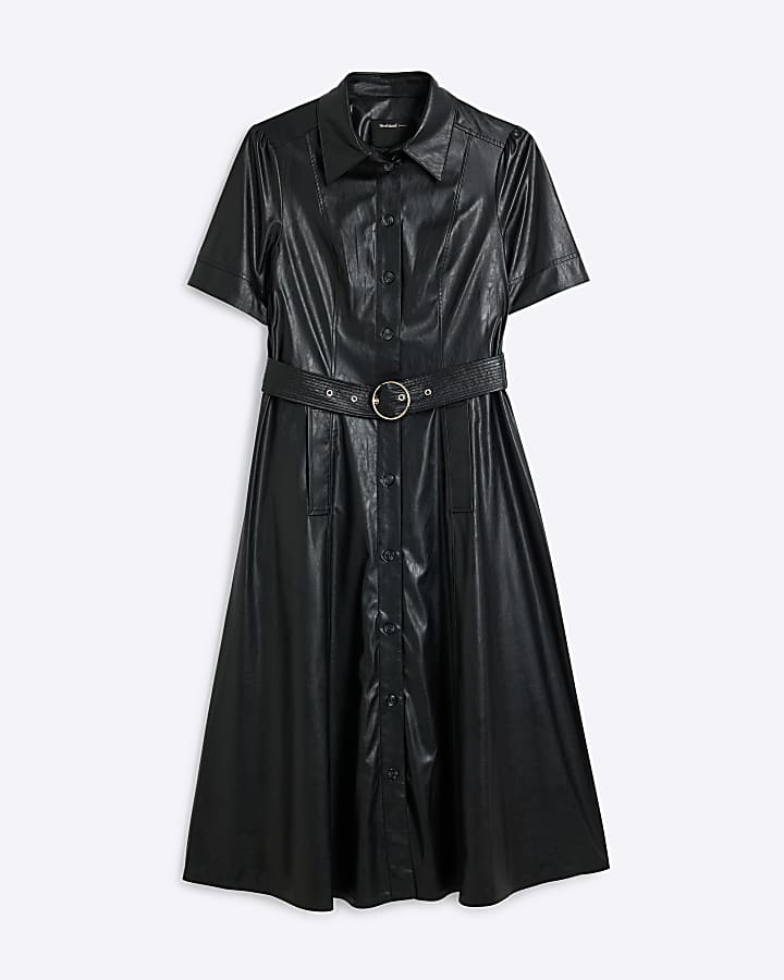 Black Faux Leather Belted Shirt Midi Dress