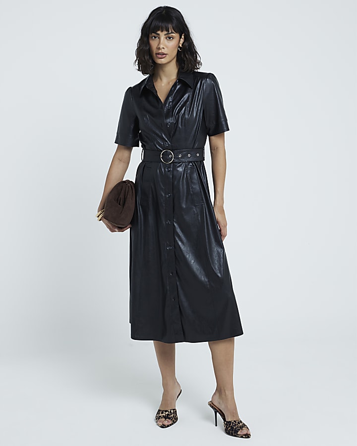 Black Faux Leather Belted Shirt Midi Dress